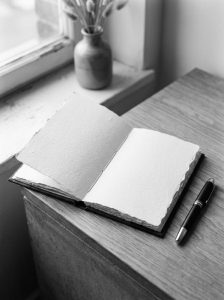 Livro aberto, sobre uma mesa e com uma caneta ao lado.