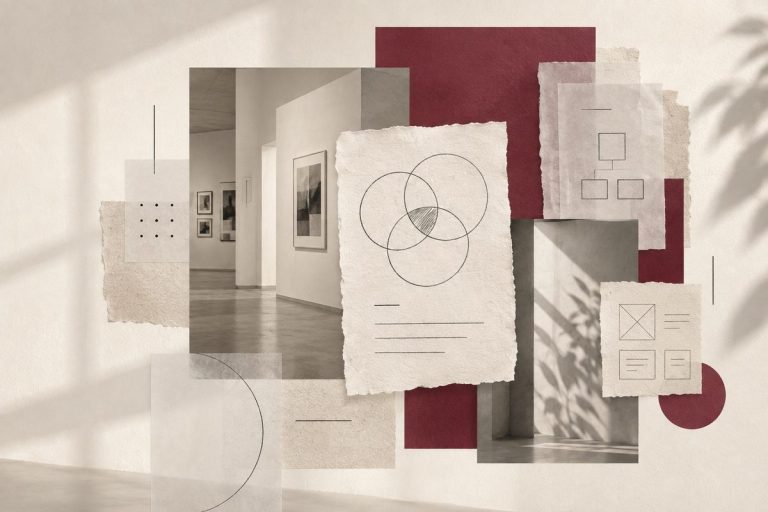 Colagem editorial abstrata com papéis texturizados, diagramas de UX, formas geométricas em vinho e detalhes de uma galeria em tons neutros.