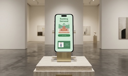 Mockup do aplicativo de coleta seletiva em smartphone sobre pedestal em galeria de arte contemporânea.